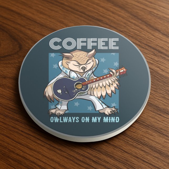 Cute Owl Coffee Owlways On My Mind Guitar Cartoon Coaster (Creator Uploaded)
