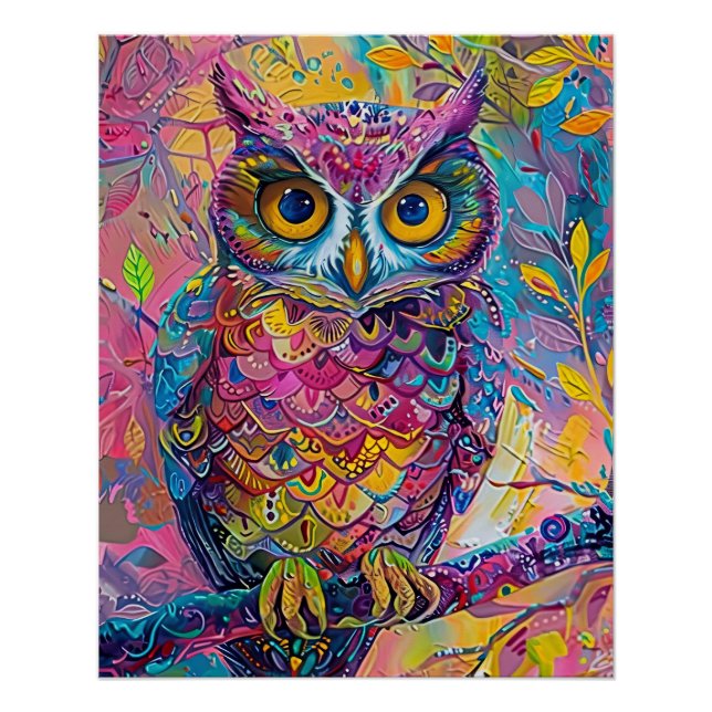 Cute Owl Colourful Abstract Bird Animal Nature Art Poster (Front)