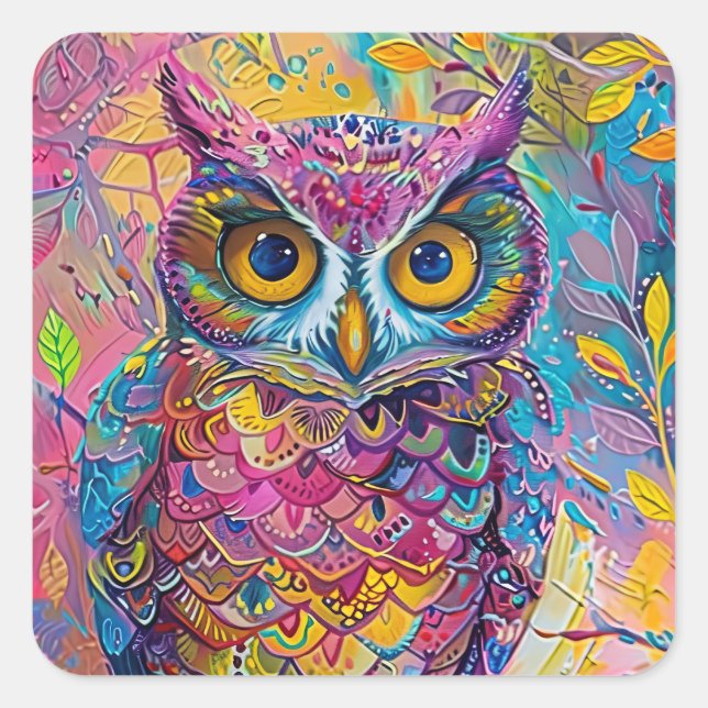 Cute Owl Colourful Abstract Bird Animal Nature Art Square Sticker (Front)