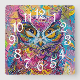 Cute Owl Colourful Abstract Bird Animal Nature Art Square Wall Clock