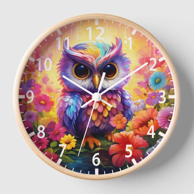 Cute Owl Colourful Bright Floral Kids Girly Clock (Front)