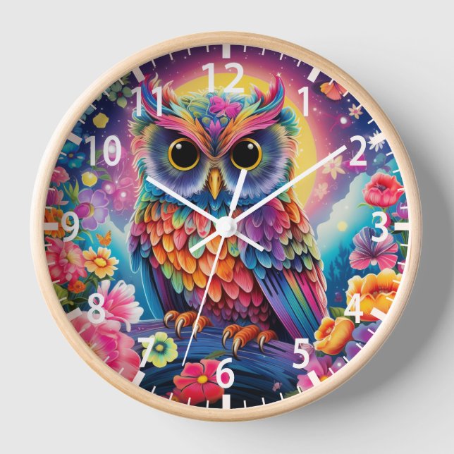 Cute Owl Colourful Bright Floral Moon Kids Girly Clock (Front)