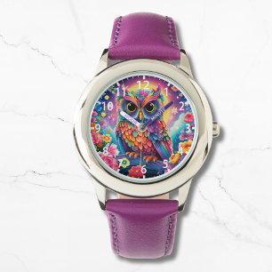 Cute Owl Colourful Bright Floral Moon Kids Girly Watch