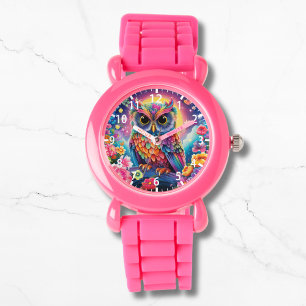 Cute Owl Colourful Bright Floral Moon Kids Girly Watch