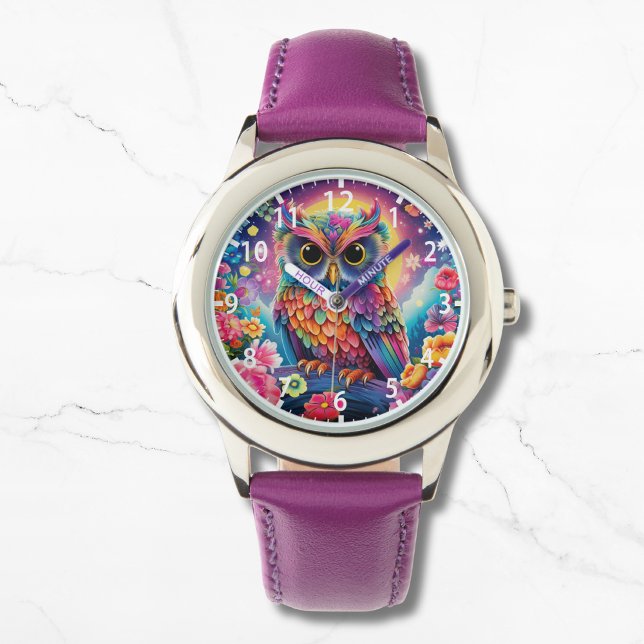 Cute Owl Colourful Bright Floral Moon Kids Girly Watch (Creator Uploaded)