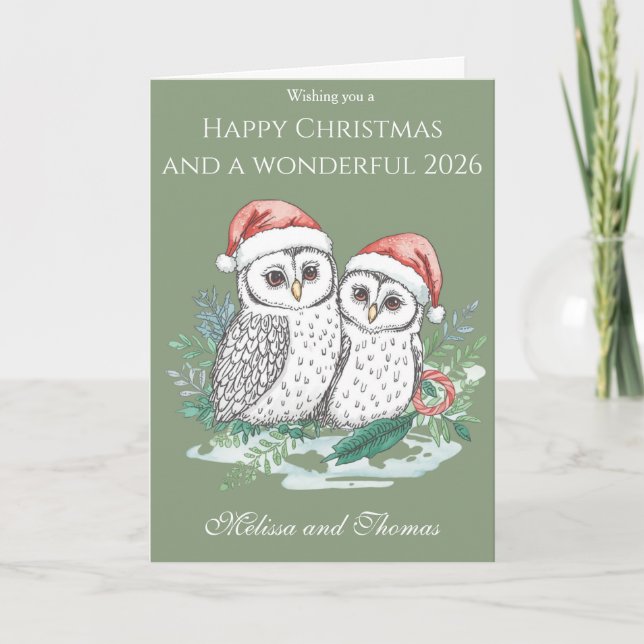 Cute Owl Couple Christmas Card – Festive Woodland  (Front)