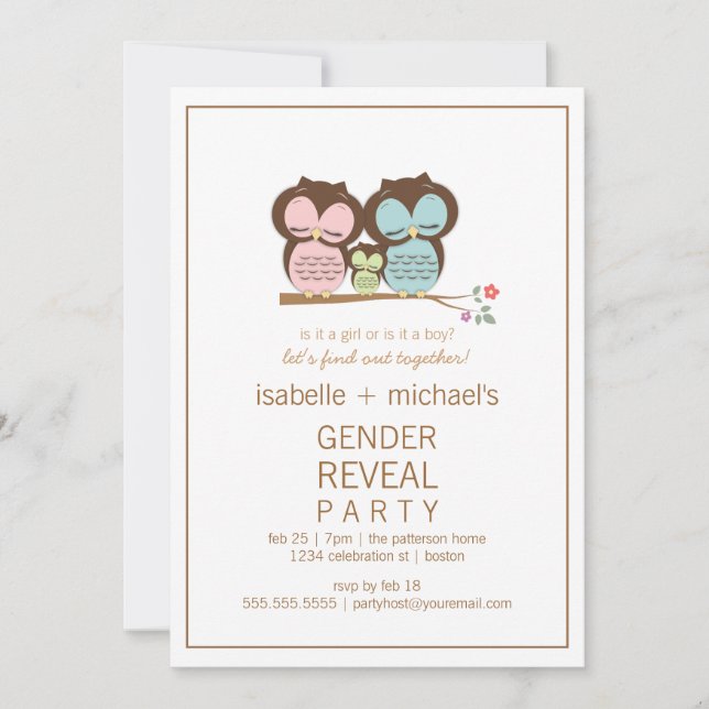 Cute Owl Couple Gender Reveal Party Invitation (Front)