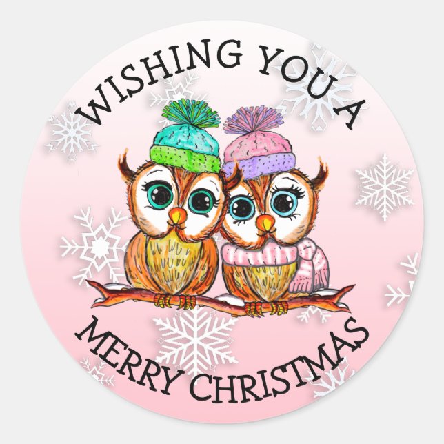 Cute Owl Couple Merry Christmas Classic Round Sticker (Front)