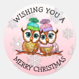 Cute Owl Couple Merry Christmas Classic Round Sticker