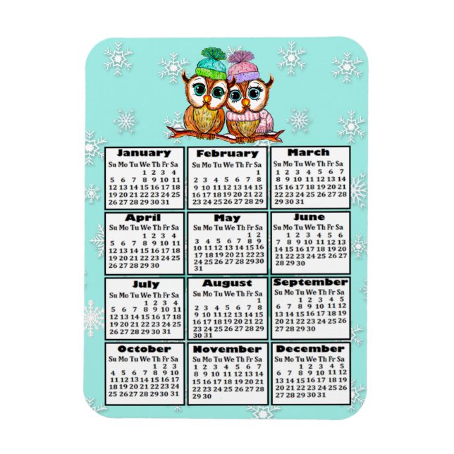 Cute Owl Couple Teal Snowflakes 2020 Mini Calendar Magnet (Vertical)