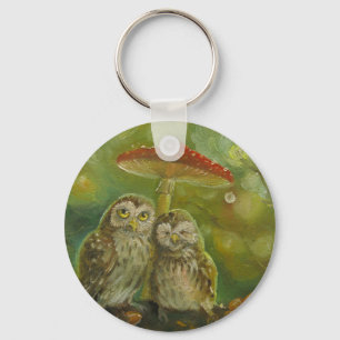 Cute Owl Couple under the Mushroom Key Ring