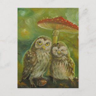 Cute Owl Couple under the Mushroom Postcard