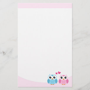 Cute owl couple with pink love hearts stationery