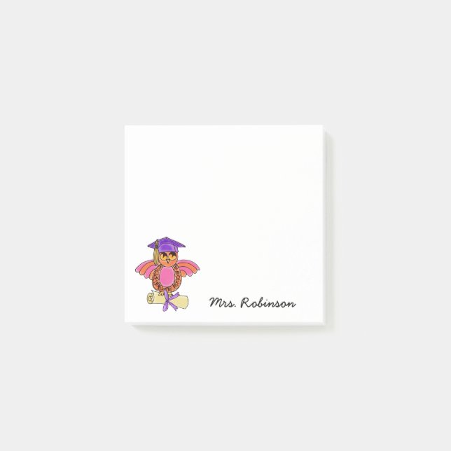 Cute Owl Diploma Teacher Name White 3 x 3 Post-it Notes (Front)