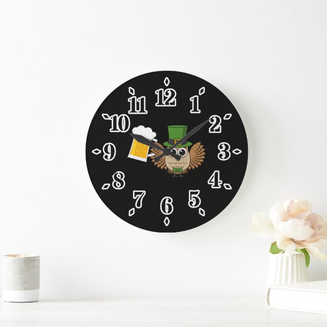 Cute Owl Drinking Beer Funny St Patrick's Day  Large Clock (Home)