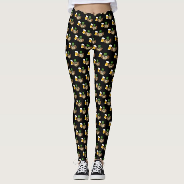 Cute Owl Drinking Beer St Patrick's Day Pattern Leggings (Front)