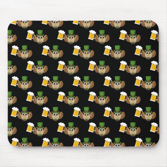 Cute Owl Drinking Beer St Patrick's Day Pattern Mouse Mat (Front)