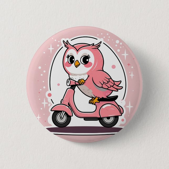 Cute owl driving a scooter 6 cm round badge (Front)