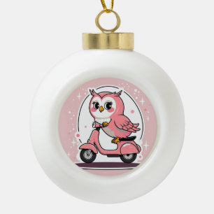 Cute owl driving a scooter ceramic ball christmas ornament