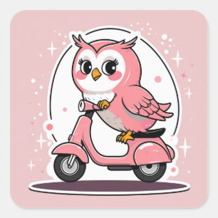Cute owl driving a scooter square sticker