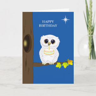Cute Owl & Editable Birthday Wishes on Blue Card