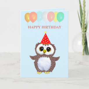 Cute Owl & Editable Birthday Wishes on Light Blue Card