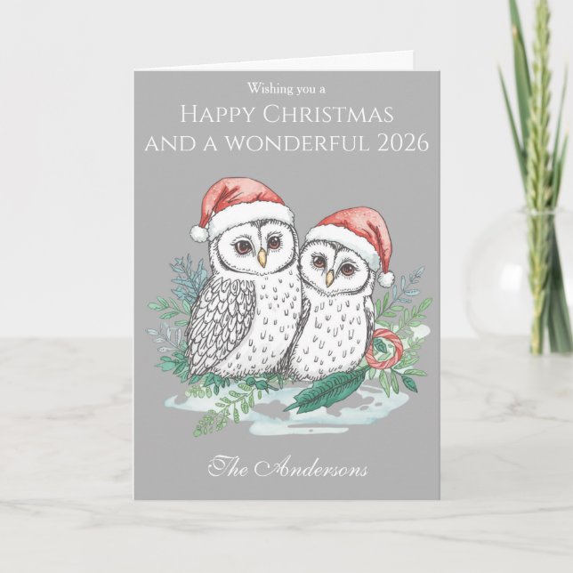 Cute Owl Family Christmas Card – Woodland Owls (Front)