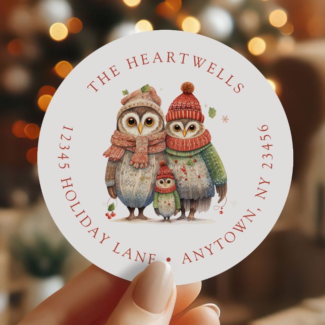 Cute Owl Family Christmas Return Address Classic Round Sticker (Creator Uploaded)