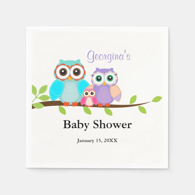 Cute Owl Family Girl Baby Shower Napkins (Front)