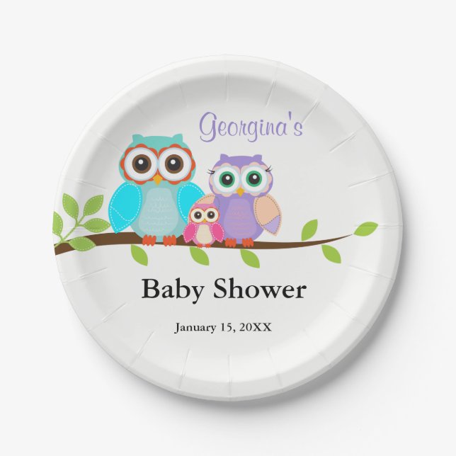Cute Owl Family Girl Baby Shower Paper Plates (Front)