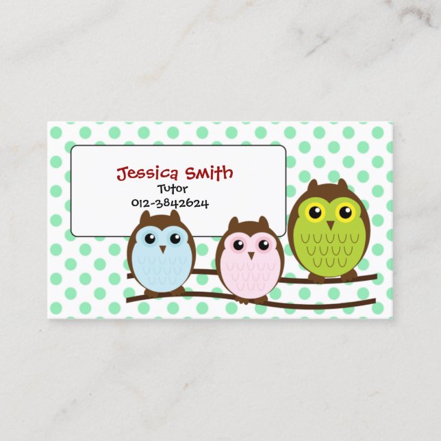 Cute Owl Family LIght Green Tutor Business Card (Front)