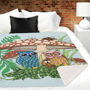 Cute Owl Family Mushroom Rain Sherpa Blanket