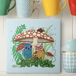 Cute Owl Family Mushroom Rain Tile