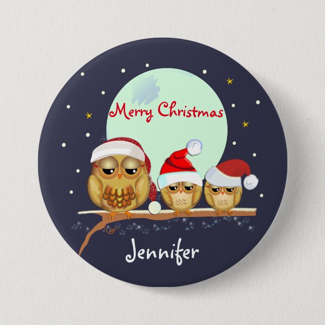Cute Owl family with Santa hats & custom name 7.5 Cm Round Badge (Front)