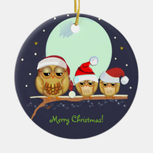 Cute Owl family with Santa hats & custom text Ceramic Tree Decoration