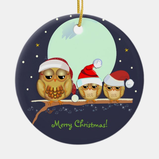 Cute Owl family with Santa hats & custom text Ceramic Tree Decoration (Front)