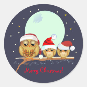 Cute Owl family with Santa hats & custom text Classic Round Sticker