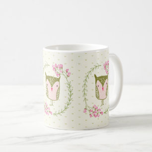 Cute Owl Floral Wreath and Hearts Coffee Mug