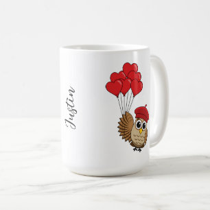 Cute Owl Flying with Heart Balloons Add Name Coffee Mug