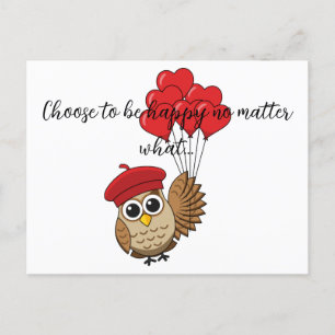 Cute Owl Flying with Heart Balloons   Add Text Holiday Postcard