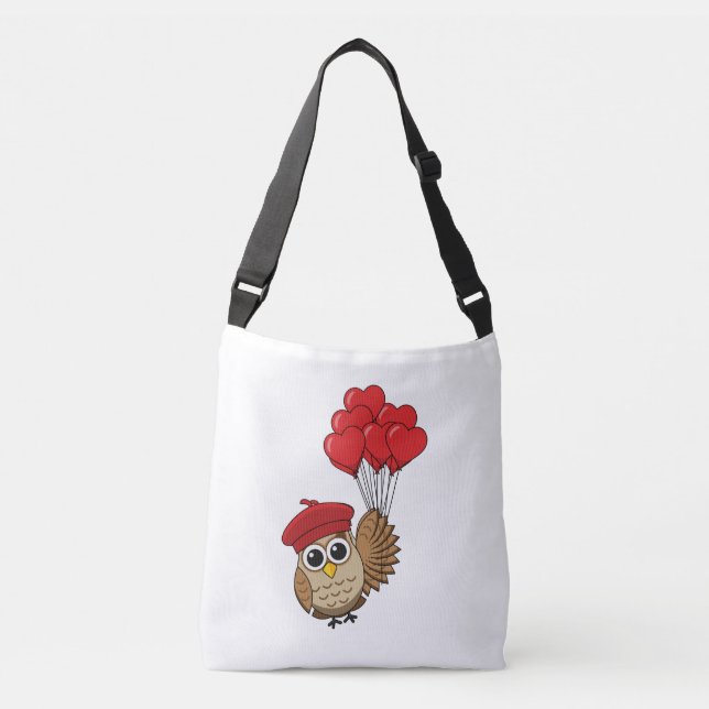 Cute Owl Flying with Heart Balloons Crossbody Bag (Front)