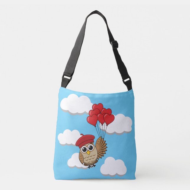 Cute Owl Flying with Heart Balloons Crossbody Bag (Front)
