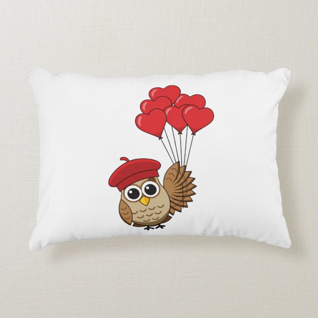 Cute Owl Flying with Heart Balloons Decorative Cushion (Front)