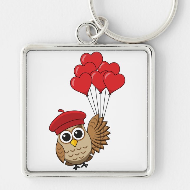 Cute Owl Flying with Heart Balloons Key Ring (Front)