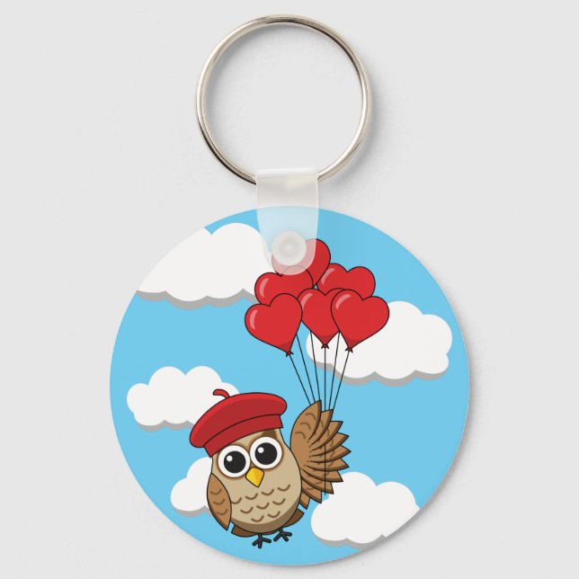Cute Owl Flying with Heart Balloons Key Ring (Front)