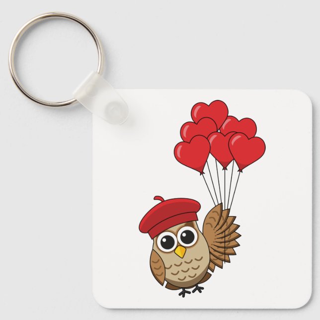 Cute Owl Flying with Heart Balloons Key Ring (Front)