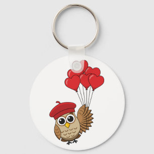 Cute Owl Flying with Heart Balloons Key Ring