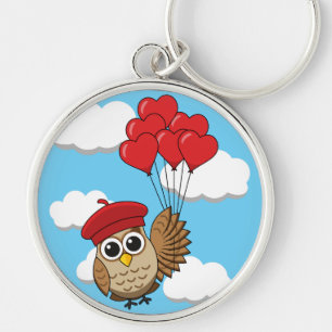 Cute Owl Flying with Heart Balloons Key Ring