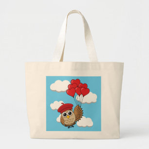 Cute Owl Flying with Heart Balloons Large Tote Bag