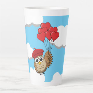 Cute Owl Flying with Heart Balloons Latte Mug